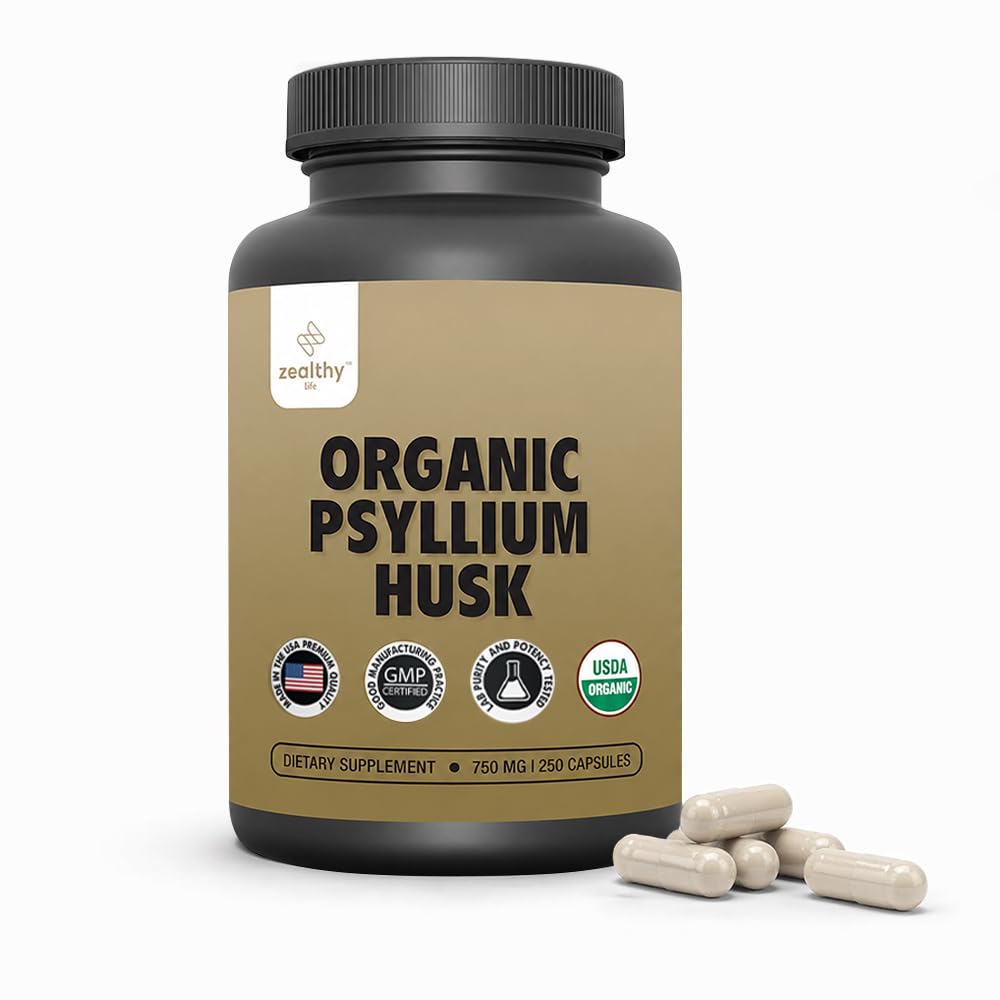 Orgánica Psyllium Husk Capsules 750 mg, Suplemento de fibra natural para la salud de Gut* - Alternativa a Psyllium Husk Powder, Zealthy Life, 250 cápsulas