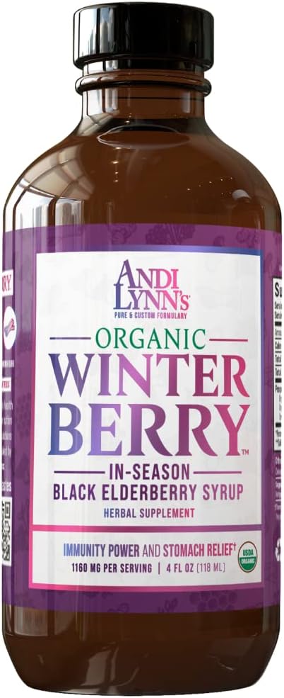 Andi Lynn's Winterberry Black Elderberry Syrup - Includes Black Elderberries, Cinnamon, Ginger, Honey & Lemon - Immune Support for Whole Family - Organic & Great Tasting Syrup 4oz