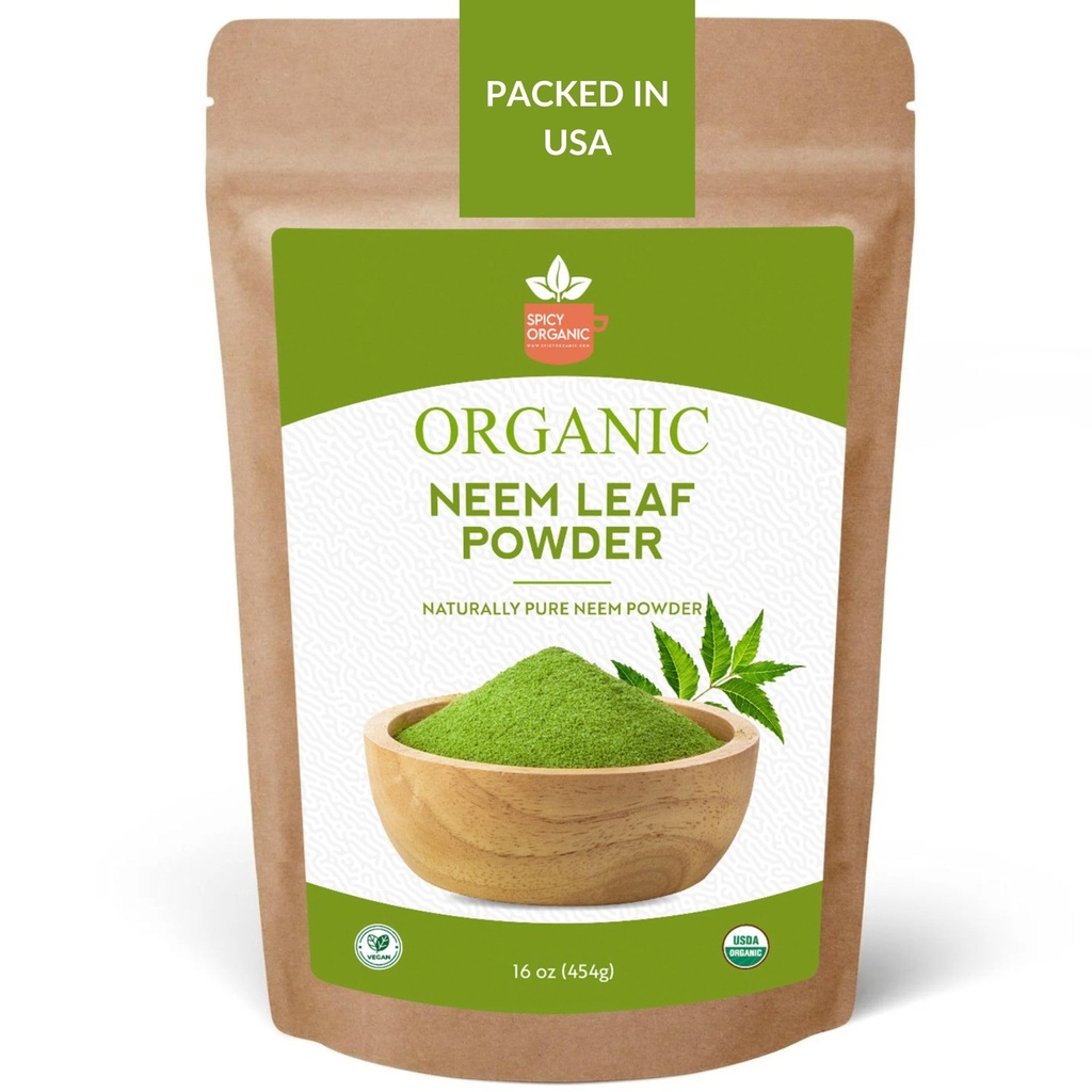 SPICY ORGANIC Neem Powder – 16 oz. - Certified USDA Organic -No-GMO - Fresh Dried Neem Leaves Powder for Healthy Hair and Skin - Azadirachta Indica Ayurvedic Herb for General Wellbeing