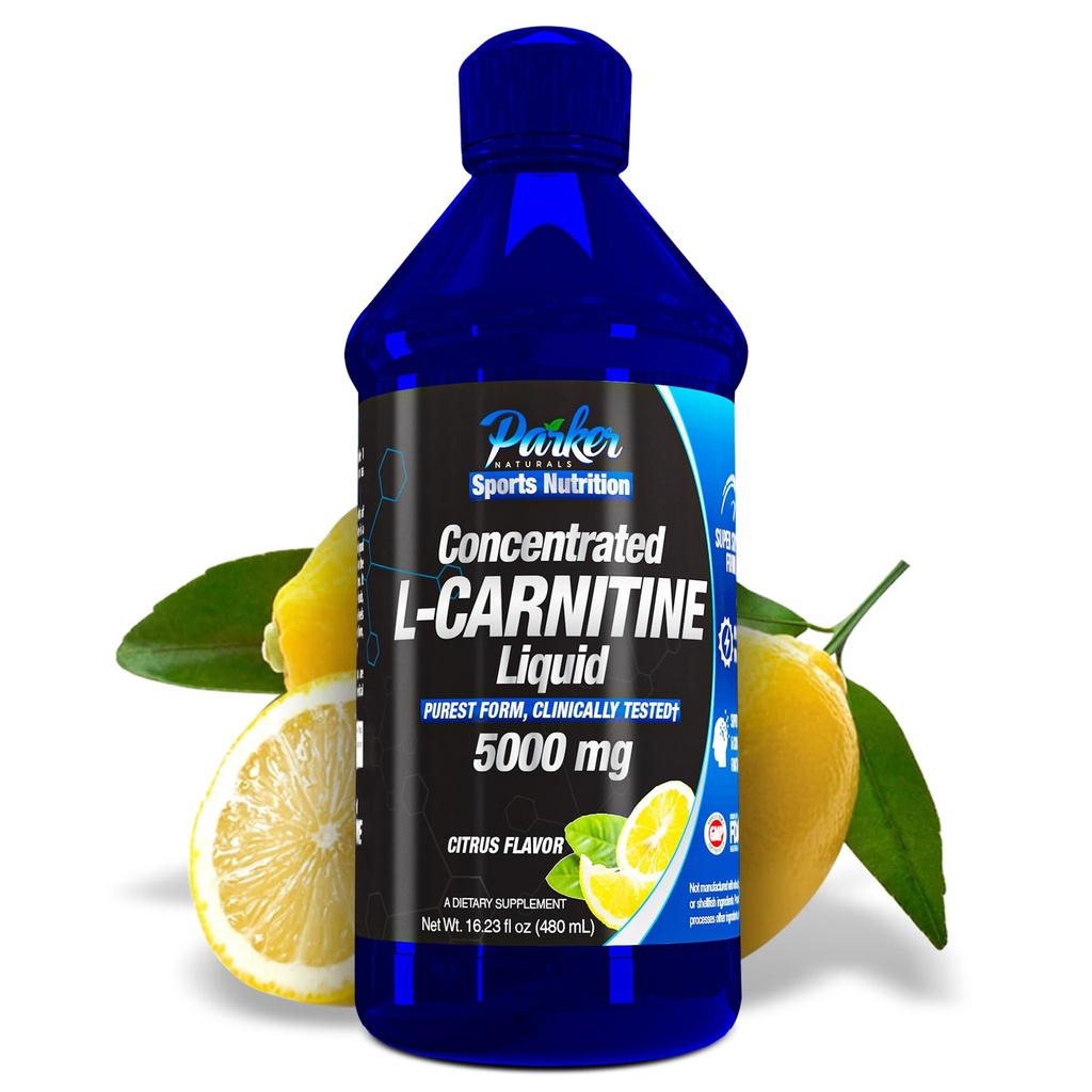 Parker Naturals Concentrado L-Carnitine Liquid, 5000mg Todo Natural Citrus Flavored L-Carnitine Suplemento, L-Carnitina L líquido con Vitamina V5, 16.23 Fl. Oz