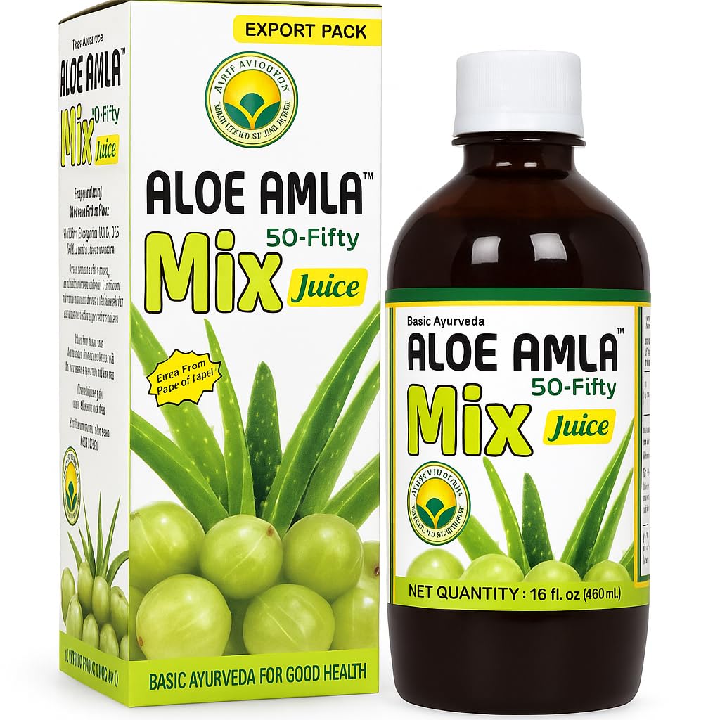Basic Ayurveda Aloe Amla Mix Juice ← Blend of Aloe Vera &amp; Amla Fruit ← Primera Vírgen de Prensa Juice Silencioso con base vegetal Bebida diaria ← Vegan " Non-GMO  16.23 Fl Oz (Pack of 2)