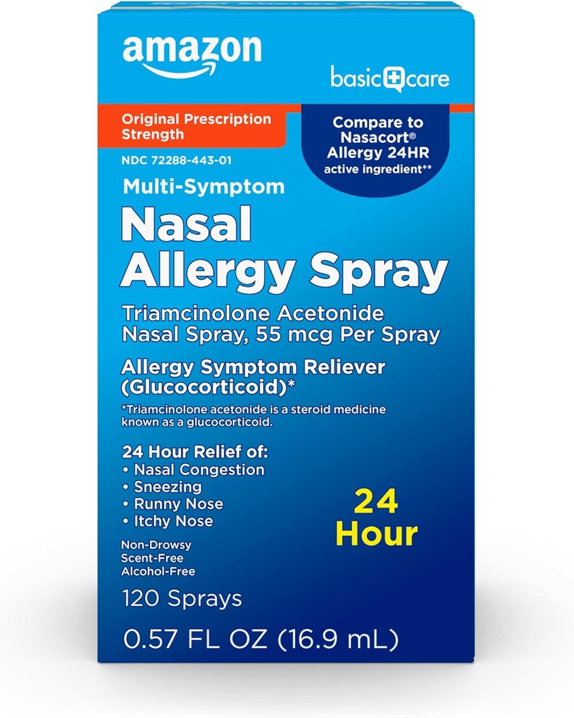 Atención Básica 24 horas Alergía Nasal Spray, Triamcinolona Acetonide 55 mcg por spray, Medicina Alérgica, No Drowsy, 0.57 fl oz (Pack of 1)