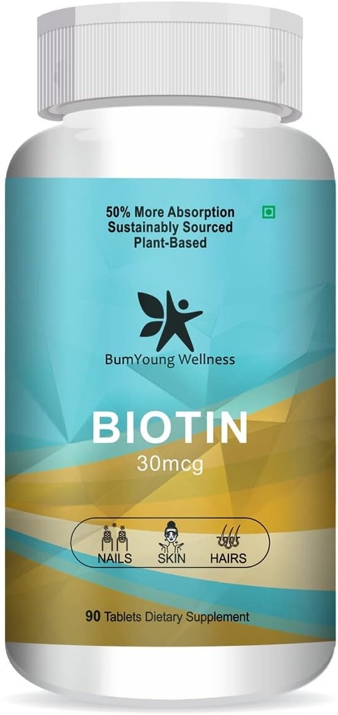 Goldy Biotin 30mcg, Suplemento para el crecimiento del cabello, pelo fuerte y la piel de la guanición, lucha contra la brida de uñas 90 Tabletas