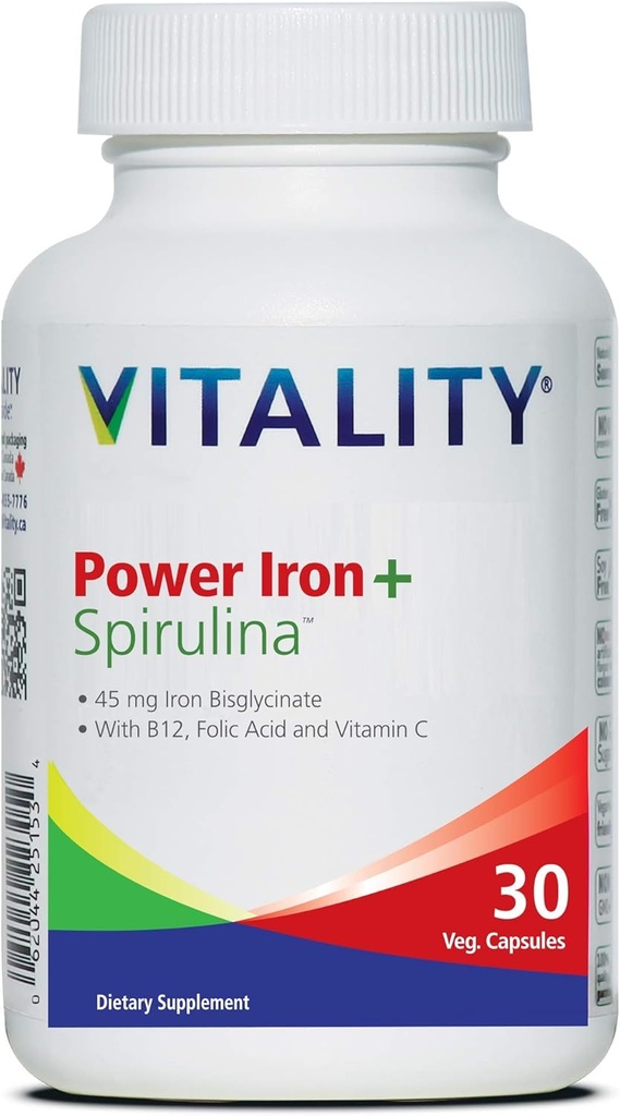 Vitality Power Iron + Spirulina | 45mg Iron | Blood Builder | Iron Deficiency Support | Vegan | All Natural Supplement | Gentle on Stomach | 30 Capsules