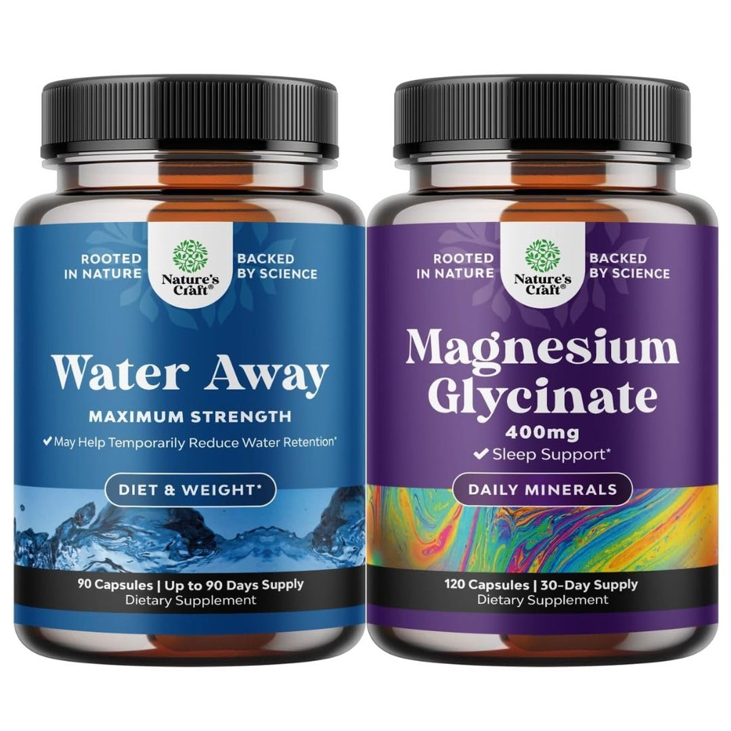 Bundle of Water Away Pills Maximum Strength - Herbal Diuretic Pills for Water Retention for Fast Acting Bloating Relief and Pure Magnesium Glycinate 400mg Por Serving for Mood Sleep and Relaxation