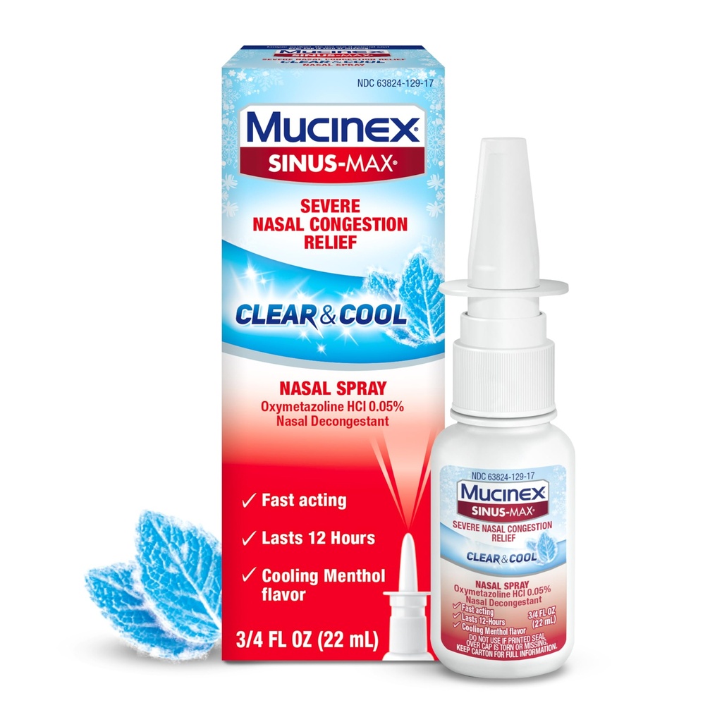 Mucinex Sinus-Max Nasal Spray Decongestant, 12 horas Over-The-Counter Medication Nose Spray for Sinus Relief, Nasal Decongestants for Adults " Sinus Congestion, Cooling Menthol, 0.75 Fl Oz