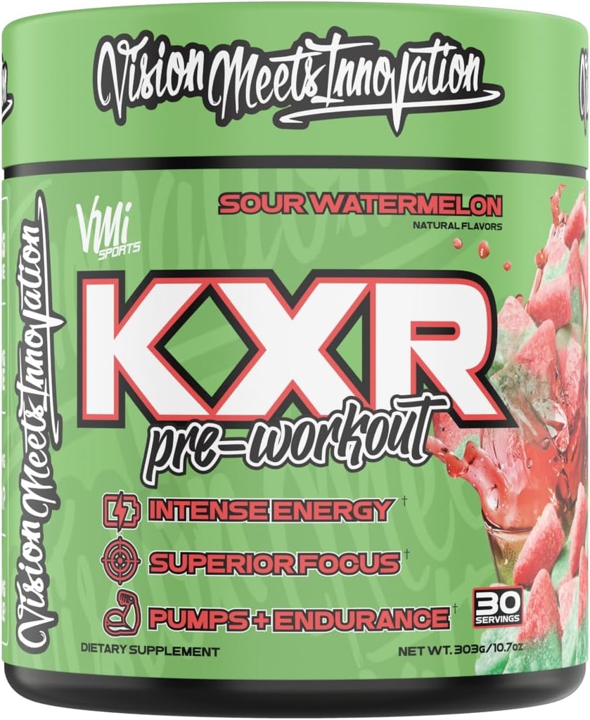 KXR Pre-Workout Energy Powder | Intense Energy Pre-Workout Drink for Men and Women| Creatine Free | Improves Performance - Enhanced Focus & Increased Endurance | 30 Servings (Sour Watermelon)