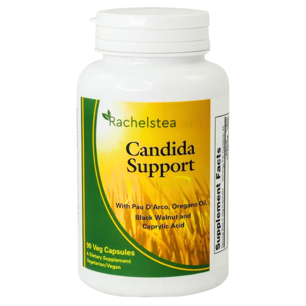 Rachelstea Candida Support, Intestinal Flora, con PAU D'Arco, Oregano Oil, Nogal Negro y Ácido Caprílico, 90 Veg Capsules, A Dietary Vegetarian/Vegan Suplemento