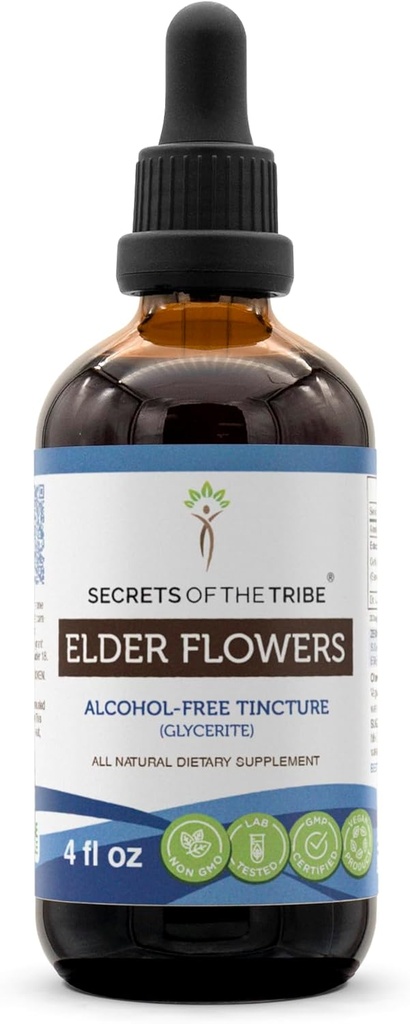 Secrets of the Tribe Elder Flowers Extract líquido sin alcohol Tintura libre de alcohol, Flores mayores (Sambucus Nigra) Flores secas (4 fl oz)