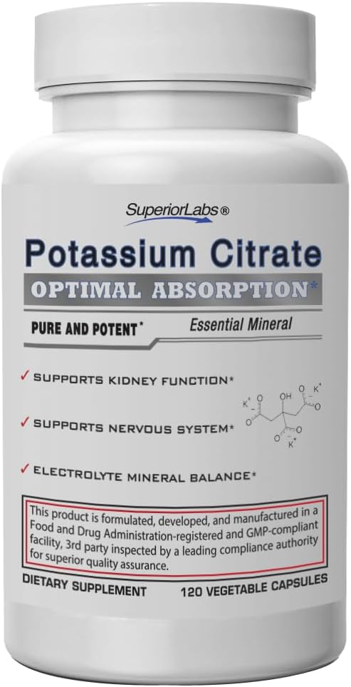 Laboratorios Superiores Citrato de Potasio 100 mg, Puro Electrolito Mineral No GMO, Libre de Aditivos, Piedra de Riñón > Apoyo, Alivio del Cántico Musculo, Función del Cáncer del Corazón, Balance Alkalizante, 120 Cápsulas de Veg