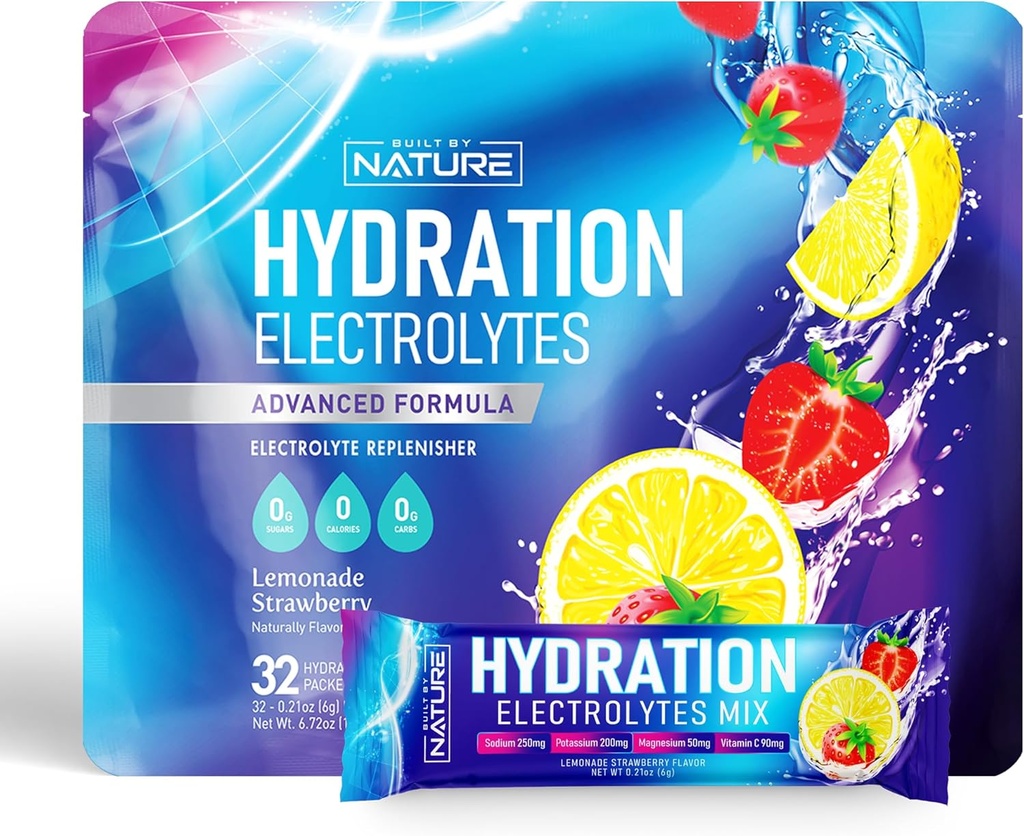 Electrolytes Powder Hydration Packets – Recovery Drink Mix with Sodium, Potassium, Magnesium, Calcium, Vitamin C & Zinc – Sugar Free, Keto, Non GMO & Vegan – Strawberry Lemonade – 32 Sticks