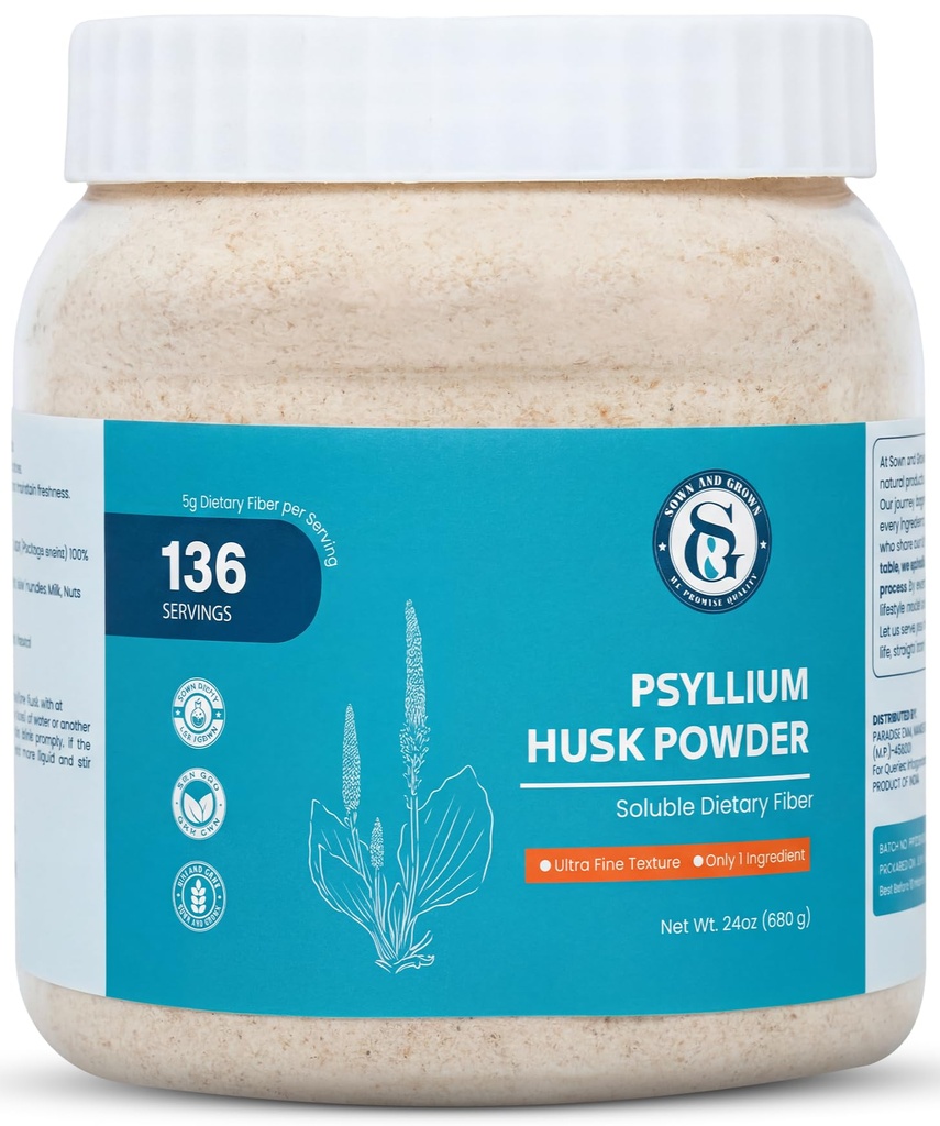 Sown and Grown Psyllium Husk Powder- 680gm | Isabgol | Easy Mixing Dietary Fiber | Cleanse Your Digestive System | Finely Ground Powder | Ideal for Gluten Free Baking | Non-GMO