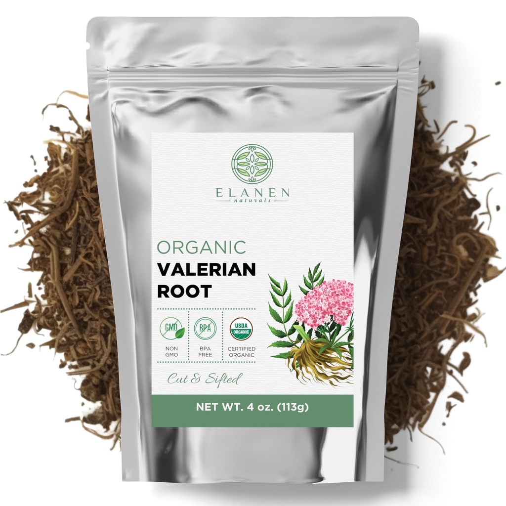 Elanen Naturals Orgánica Valerian Root 4 oz. (113g), USDA Certified Organic Valerian Root Herb Tea, Te De Valeriana Para Dormir, Valarian Officinalis Whole Loose Leaf, Cut &amp; Sifted