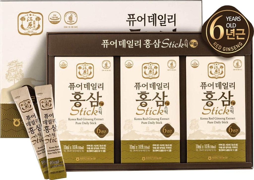 Gangwoninsam] Korean Red Ginseng Extract Pure Daily Stick 30 Count – Contains 6 Year Korean Red Ginseng Extract, Korean Food, Individually Packaged, 0.35 fl. oz (10ml), 3 X 10-Count Box