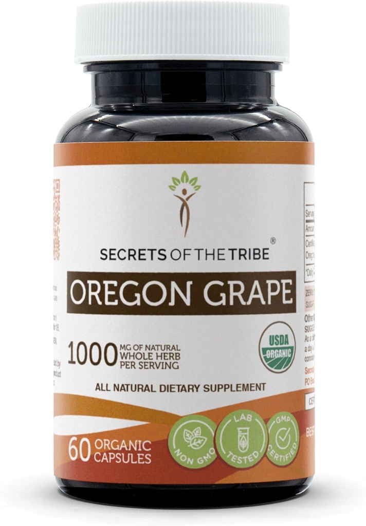 Secretos de la Tribu Oregon Grape USDA Organic Capsules ← Certified Organic Vegetarian Capsules, Herbal Dietary Supplement ← Mahonia aquifolium Dried Root (60 Cuenta)