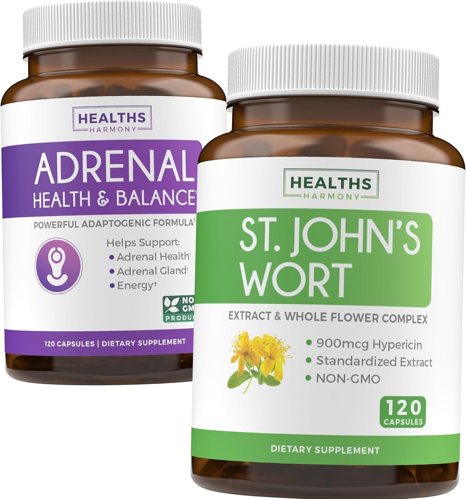 Adrenal &amp; St. John's Wort (4-Month Supply) Mood Harmony Pack - Soporte Adrenal con L-Tyrosine (120 cápsulas) & St. John's Wort con Powerfil 900mcg Hypericin 500mg por cápsula (120 cápsulas)