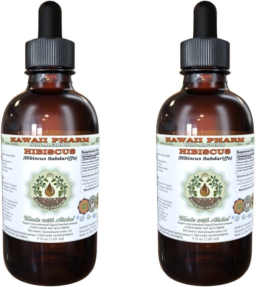 Hibiscus Alcohol-Free Liquid Extract, Organic Hibiscus (Hibiscus Sabdariffa) Dried Flower Glycerite Hawaii Pharm Natural Herbal Supplement 2x2 oz