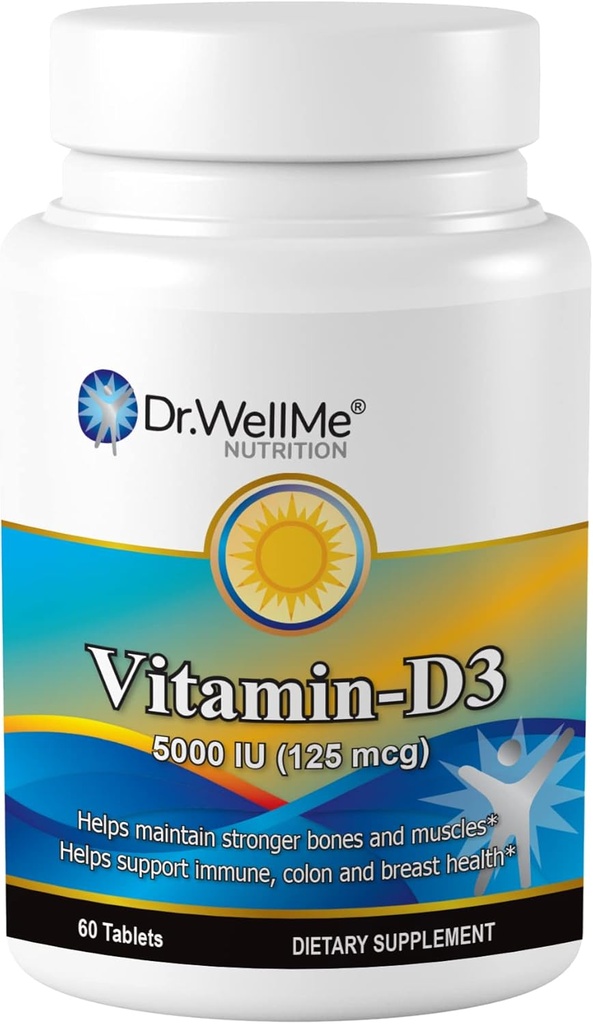 Vitamina D3-5000 UI, suplemento dietético de fuerza extra para el soporte de huesos, músculos e inmunes saludables, 60 tabletas Easy-to-Swallow Packed for 2 Month Supply