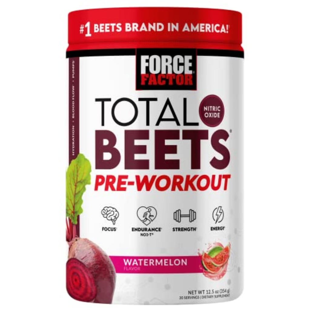 FACTOR DE FORCE FACTOR Total Beets Pre-Workout Powder to Boost Energy & Endurance, Incrementar la fuerza, y Mejorar el flujo sanguíneo y las bombas, Nitric Oxide Suplemento con Beet Root Powder, Watermelon, 30 Servimientos
