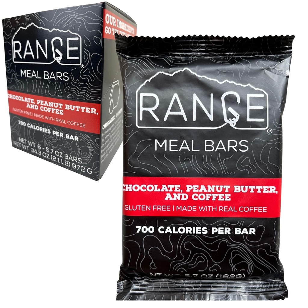 Range Meal Bar - High Calorie Meal Replacement Bars - Gluten Free Bars - Backpacking Meals - 6 Pack (Chocolate, Peanut Butter and Coffee)