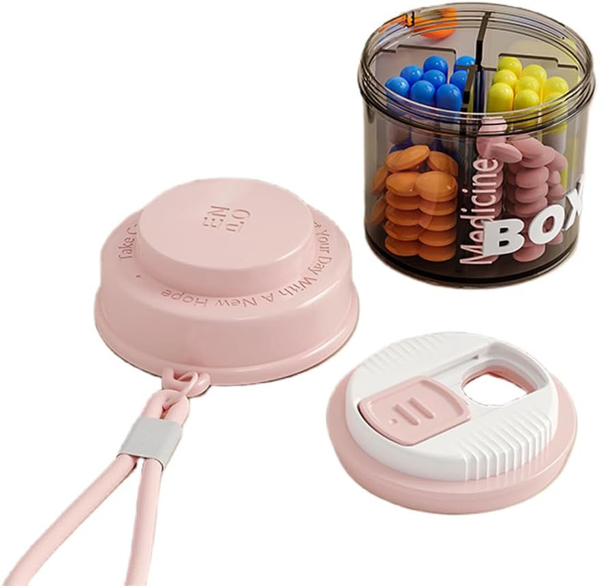 Caja de Píldora Rosa para Mujer Propósito, Caja de Píldora Pequeña, Organizador de Píldora de Viajes, 4 compartimentos para Botellas de Píldora, cabe en Pocket, Organizador de Píldora de Bolso, Caja de Píldora de Viajes (Pink)