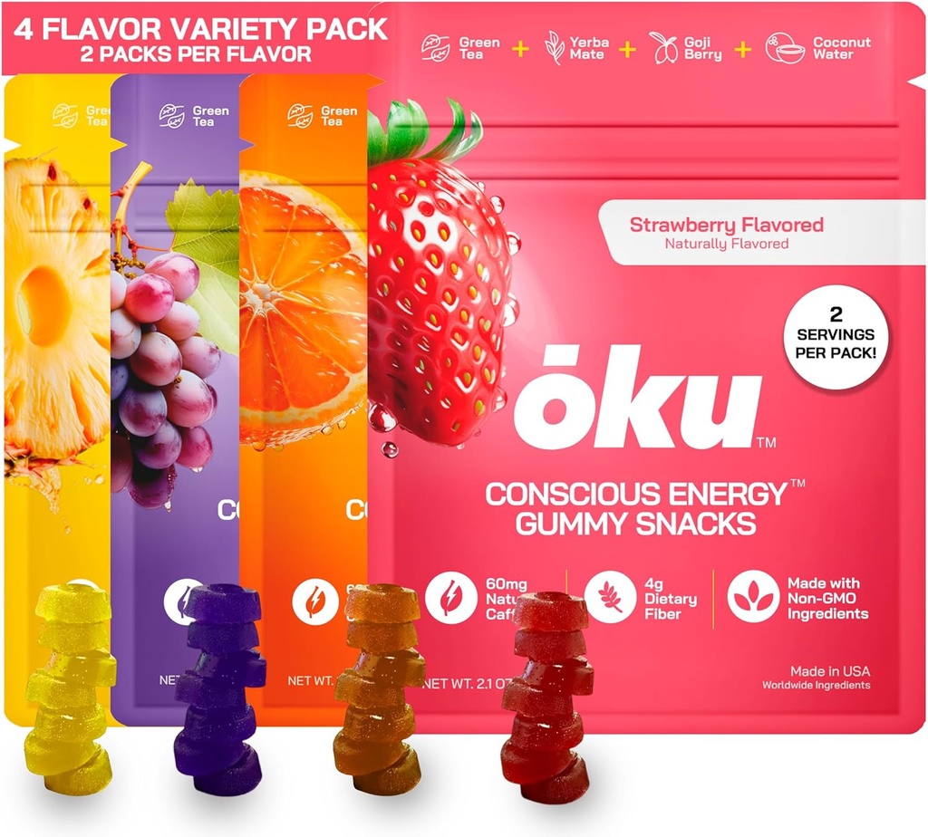 ōku Energy Chews - Energy Gummies w/Natural Caffeine from Green Tea | Yerba Mate, Coconut Water for Hydration, 4g Fiber Gummy, Non-GMO | Running, Cycling, On-The-Go Snacks, Variety Pack (8-Pack)