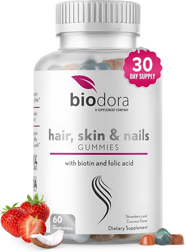 Hair Skin and Nails Gummies, Extra Strength Biotin Gummies with Folic Acid, Inositol and Vitamins, PCOS Symptom Relief & Hormone Balance, Sugar-Free Strawberry & Coconut Flavor, 60 Gummies