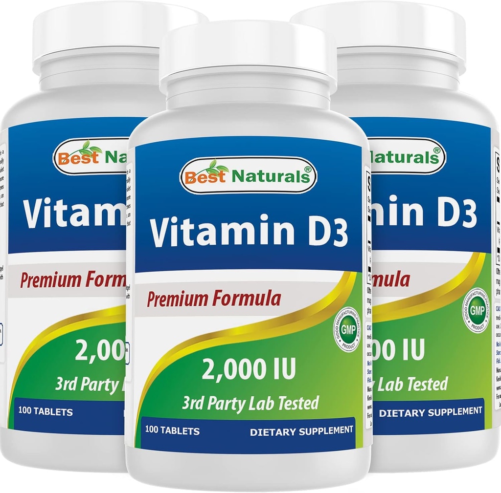 Best Naturals Vitamin D3 2000 IU (50 mcg) - 100 Tablets - 100 Days Supply - Helps Support Immune Health, Strong Bones and Teeth, & Muscle Function (100 Count (Pack of 3))