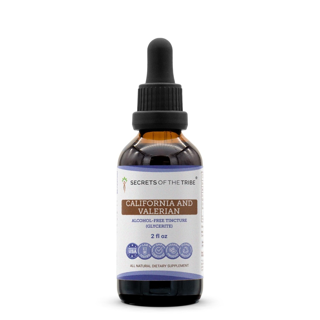 Secretos de la Tribu California y Valerian Tincture Extracto libre de alcohol, Herbs (California Poppy Herb y Flower, Valerian Root) 2 oz