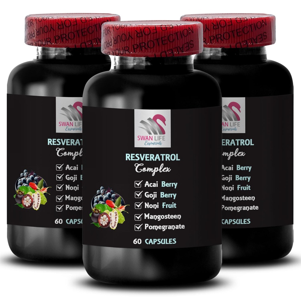Beneficios de Berry - RESVERATROL COMLEX - Antioxidantes diarios, Fuerza de Berry de Acai, Boost de arándano, Boost de Grape, Energía granada, Goji Potencia de Berry, Factor de hidratación 3 Botellas 180 cápsulas