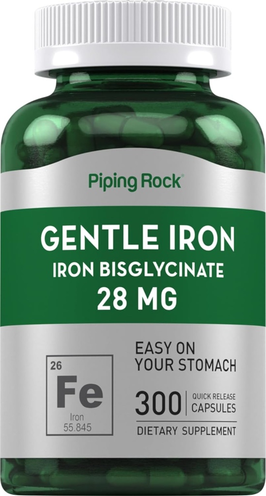 Piping Rock Iron Bisglycinate 28 mg | 300 Capsules | Gentle Iron Supplement | Non-GMO & Gluten Free