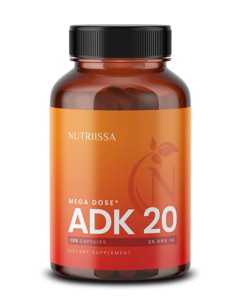 Nutriissa ADK 20 - Immune & Bone Health Support with Vitamins A, D & K (25,000 IU) - Suministro de 4 meses - EPEB certificado por pureza y potencia - 120 cápsulas veganos