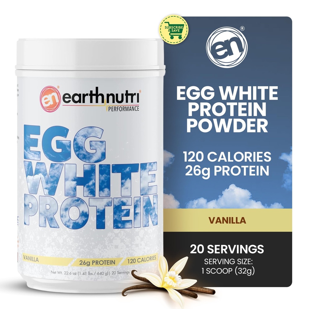 EarthNutri - Egg White Protein Powder Suplemento para Pre, Intra o Post Workout, 26g de Protein Per Serving, apoya la fuerza muscular y recuperación, sin aditivos artificiales - Vainilla 20 Serviciones (640g)