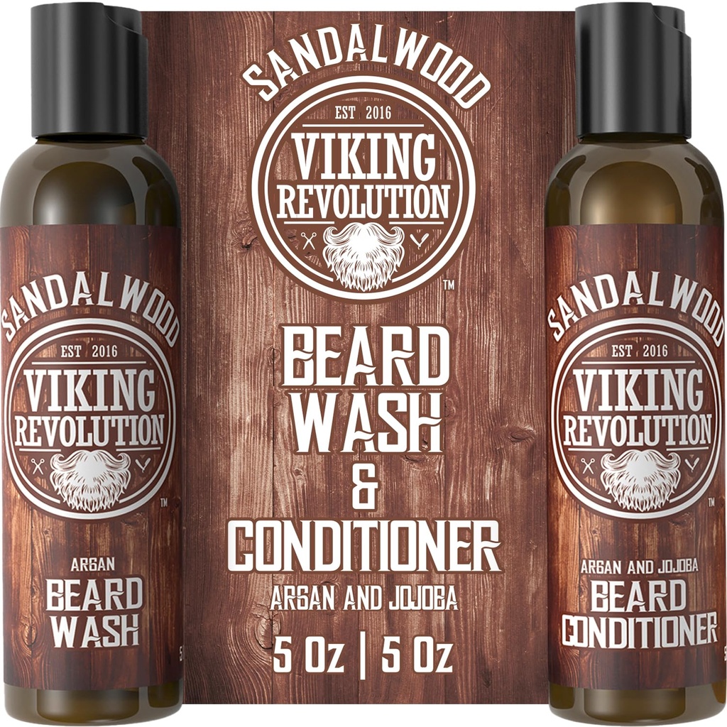 Viking Revolution Beard Wash & Beard Conditioner Set w/Argan & Jojoba Oils - Softens & Strengthens - Natural Beard Shampoo w/Beard Oil Sandalwood (5oz)