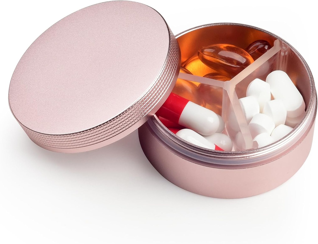 Caja pequeña de pill 3 Compartimientos, Caja de pill redondeada de metal, Organizador de pill resistente al agua, Pocket Purse Medicine Vitamin Holder EDC Container (Rose Gold)
