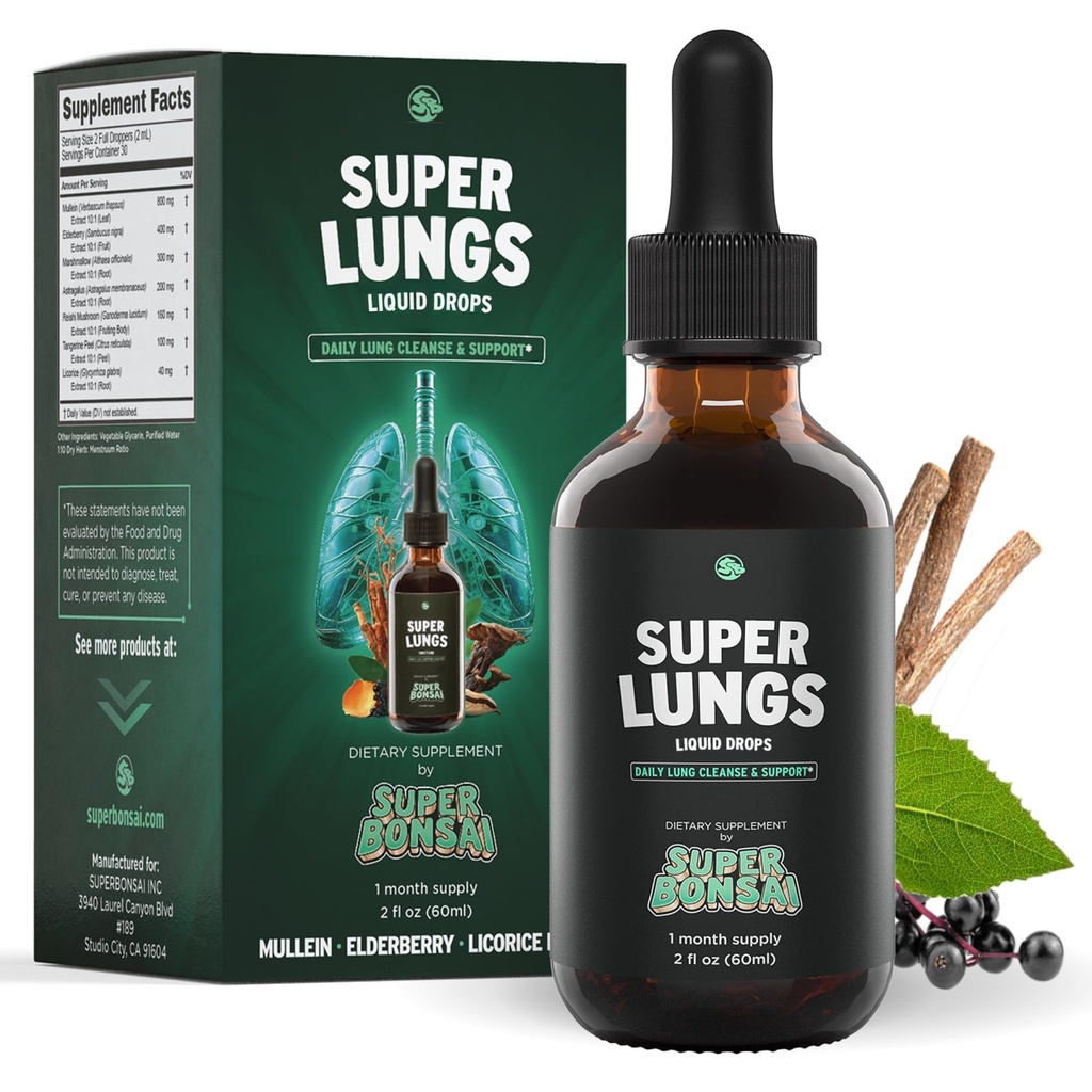 SuperBonsai Super Lungs Mullein Drops – Herbal Lung Support Tintura con Mullein Leaf Extracto Elderberry Reishi Marshmallow Root – Apoya Clear Breathing &amp; Wellness – 2 oz