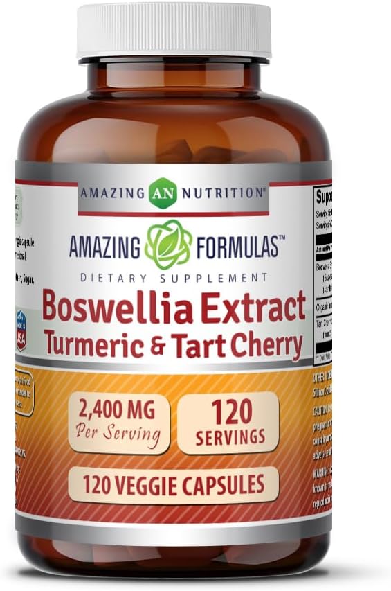 Amazing Formulas Boswellia Extract Turmeric and Tart Cherry 2400mg Veggie Capsules | Non-GMO | Gluten Free | Made in USA | Ideal for Vegetarians (120)