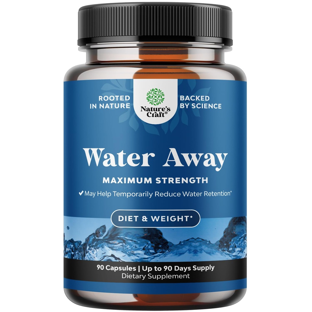 Water Away Herbal Diuretic Pills High Strength - Fluid Retention Supplement with Dandelion Leaf Extract " Green Tea for Bloating Relief for Women " Men - Capsules for Leg " Feet Swelling - 90 Count
