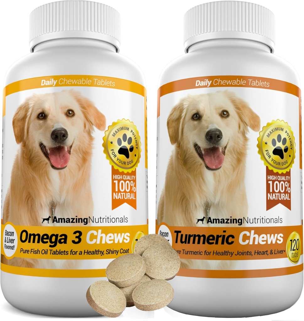 Amazing Combo Omega-3 Fish Oil and Turmeric Curcumin for Dogs - Puro Todo-Natural Pet Antioxidant - Promueve la carne brillante, Brain Health, Elimina el dolor conjunto, 120 Tasty Chews x 2
