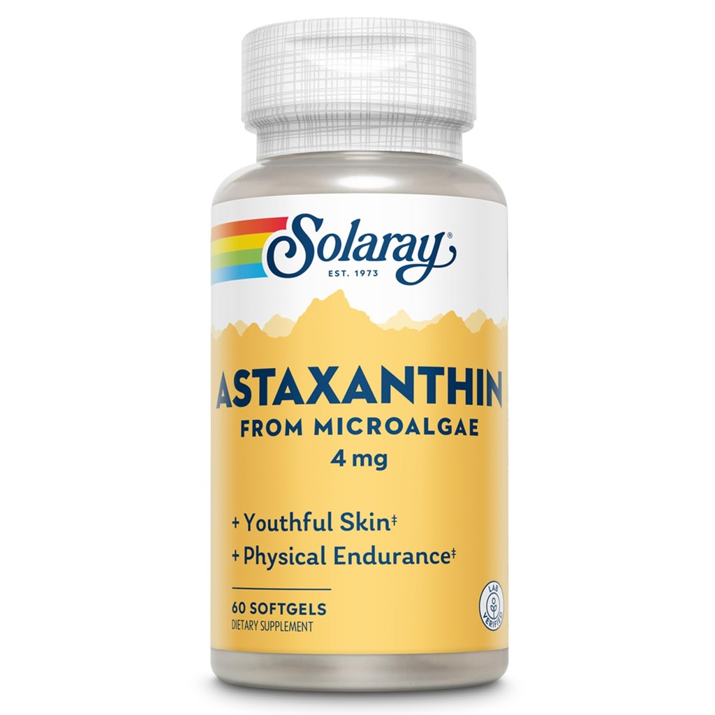 SOLARAY Astaxanthin 4 mg Silencio Antioxidante Silencioso Ojo Saludable, Esquía, Función Cardiovascular &amp; Soporte Conjunto Silencioso 60 Softgels