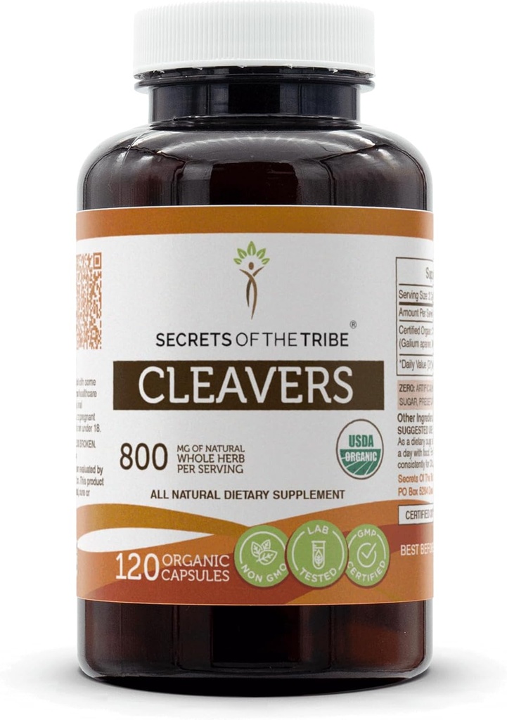 Secretos de la tribu Cleavers USDA Orgánica Silencio Hecho con capsules vegetarianos y Cleavers orgánicos certificados (Galium aparine) Herb seco (120 cápsulas)