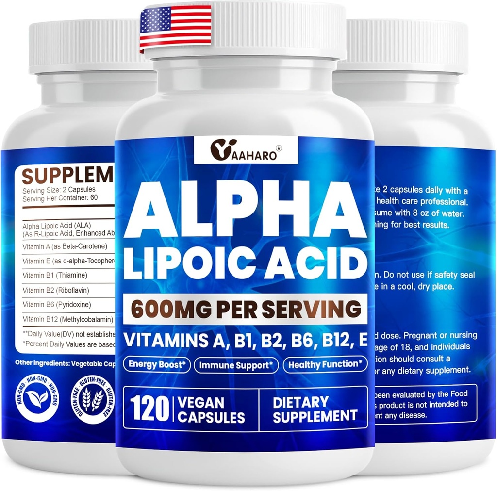 Ácido Lipoico alfa 600mg, Suplemento ALA para Energía Boost, Apoyo Inmunitario, Función Saludable y Absorción Mejorada, Ácido Lipoico R-Alfa con Vitaminas Esenciales, 120 cápsulas