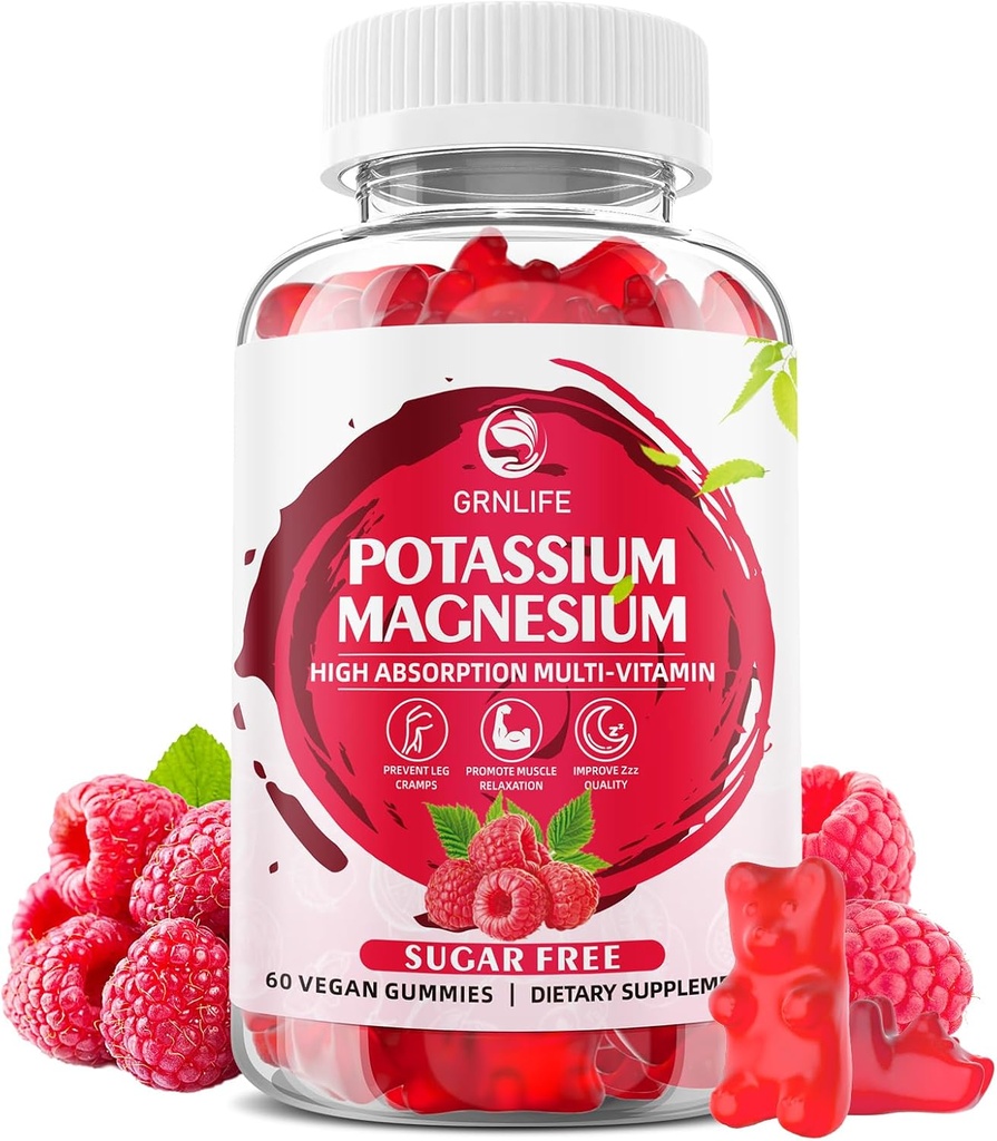 Potasio Magnesio Suplemento Gummies, Potasio Gummies para Adultos Niños, Alta Absorción Magnesio Glycinate para Leg Cramps & Immune Health, Sugar-Free, Raspberry Flavors, 60 Condes