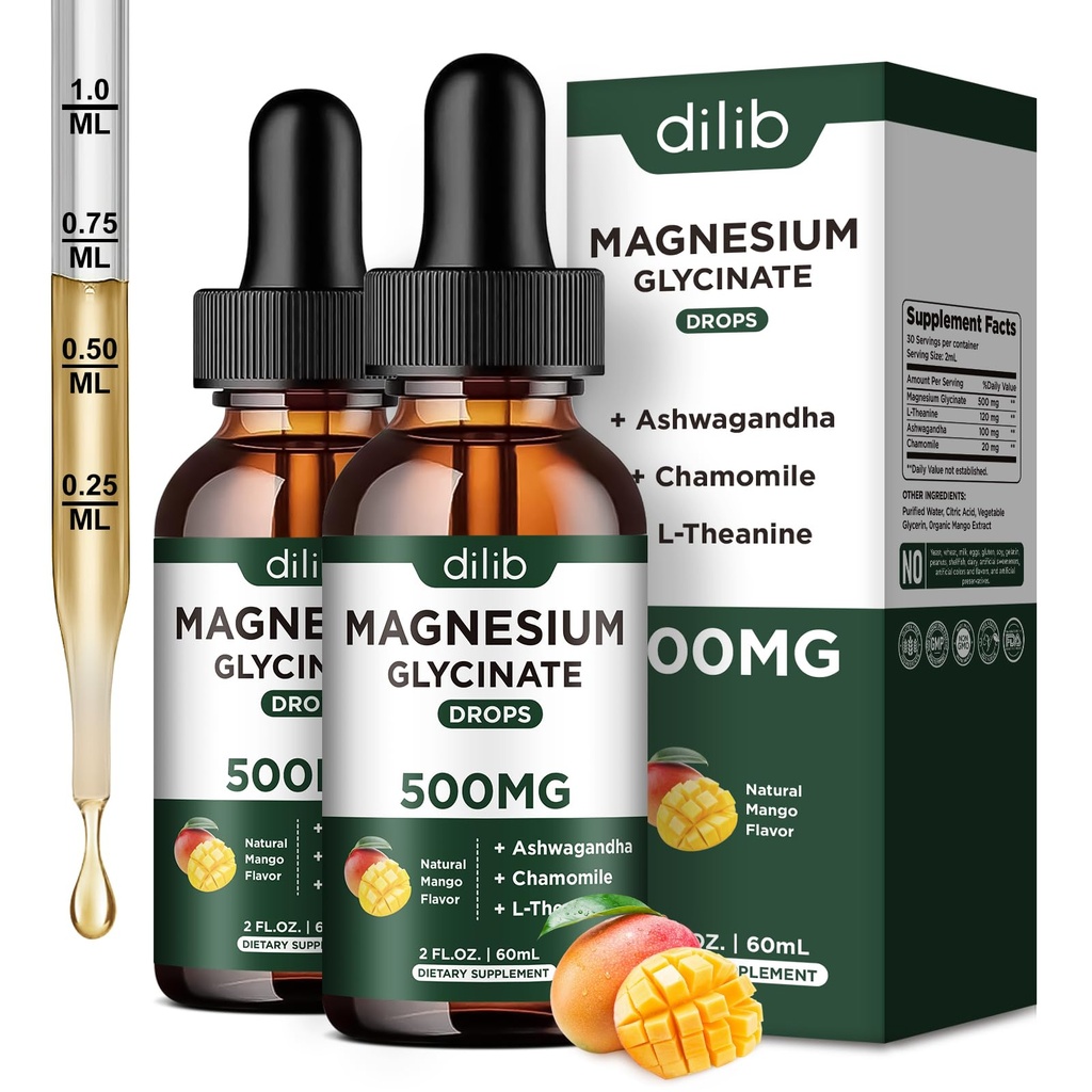 Magnesium Glycinate Liquid Drops Suplemento, con Magnesium Glycinate 500mg Ashwagandha, L - Theanine, Chamomile -Support Stress Relief, Bone, Muscle, Mood Mango Flavor 2Pack
