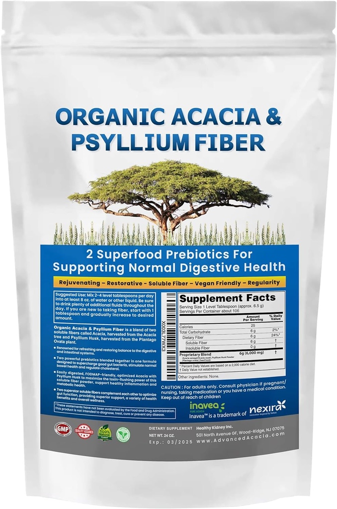 Acacia & Psyllium Husk Fiber Powder 2 Organic Soluble Fiber Digestive Restoring Gut Nutrients. Organic Psyllium Husk & Organic Acacia Powder IBS, Leaky Gut 1.5 Ibs (24oz)