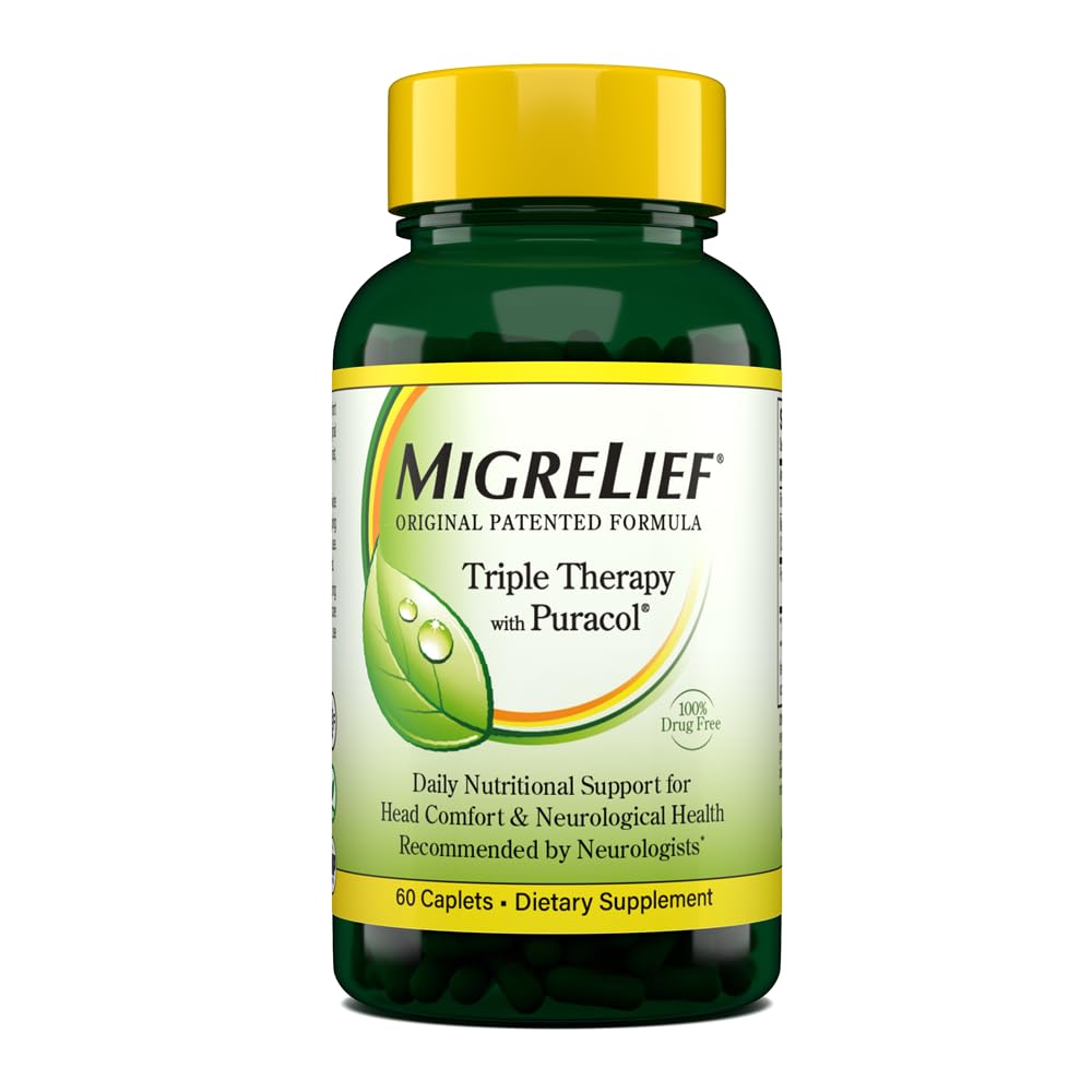 MigreLief Original Triple Terapia con Puracol - Soporte nutricional para Sufridores Migranos - 60 Caplets/1 Mes