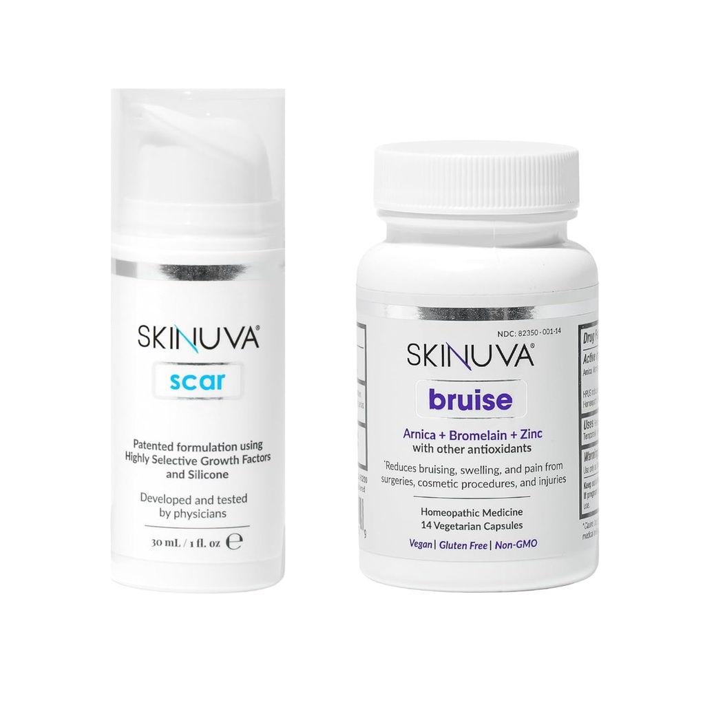 Skinuva® Scar (1 oz) & Bruise (14 capsules) - Advanced Silicone Cream Formulated with Growth Factors & Homeopathic Bruise Remedy Formulated with Arnica, Bromelain & Zinc