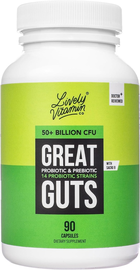 VITAMIN CO. Grandes Guts Probiótico 50 Billones CFU Probiótico - Balance Gut Microbiome, GI Tract, Inflamación, Indigestión, Reflux, Upset Stomach, " Diarrea - 90 Caps