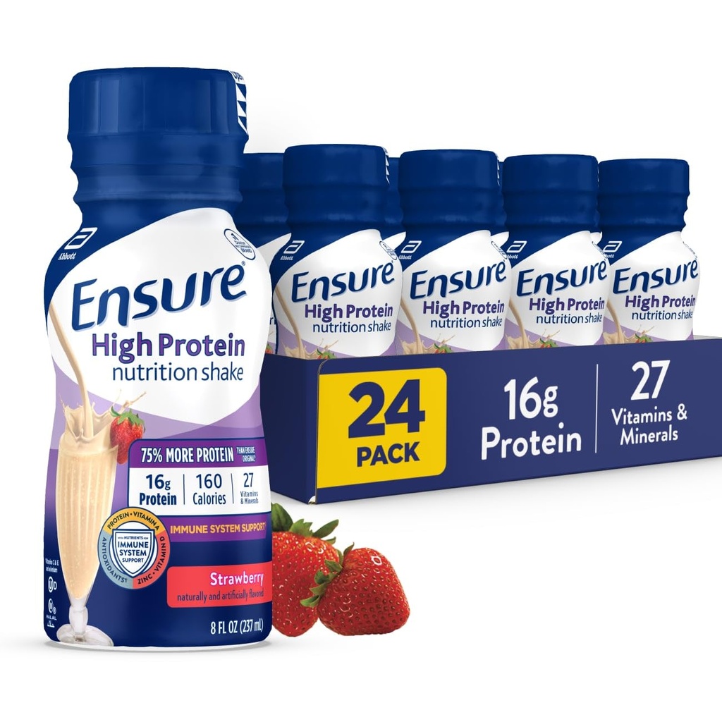 Asegurar Agitación Nutricional de Fresa Alta Proteína, Listo para Beber, Proteína 16g y 27 Vitaminas y Minerales, 8 fl oz, 24 Pack