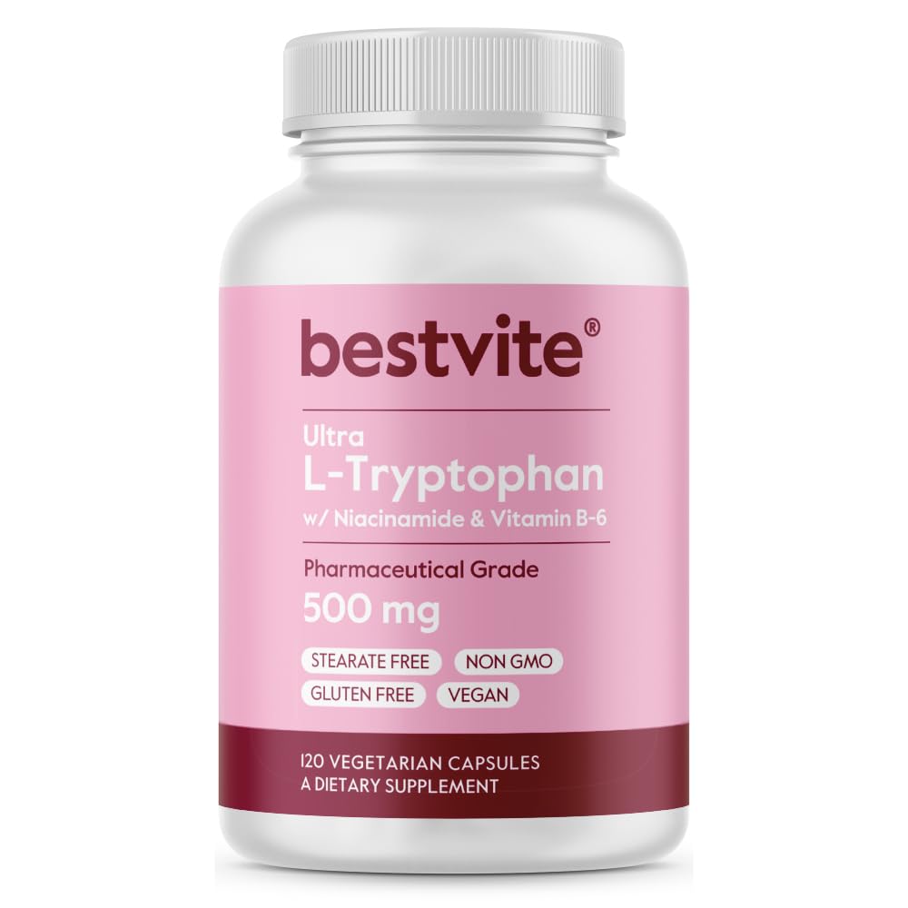 BESTVITE L-Tryptophan 500mg con B3 &amp; B6 (120 cápsulas vegetarianas) – No Fillers – No Stearates